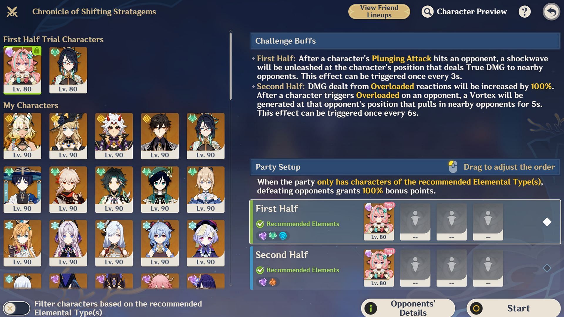 Take note of the recommended Elemental types and stage buffs while selecting your teams (Image via Sportskeeda Gaming/HoYoverse)
